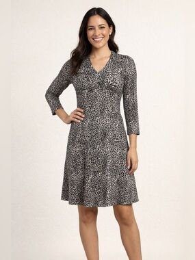 J. McLaughlin | Leopard Print Dress | Sz Medium V-Neck A-Line Stretch 3/4 Sleeve